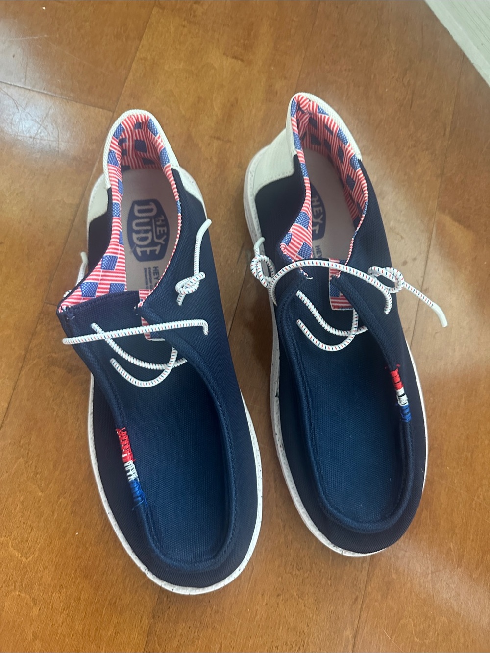 Hey Dude (NWOT) Navy Blue USA ❤️🤍💙 Slip-On Boat Shoes with White Laces
